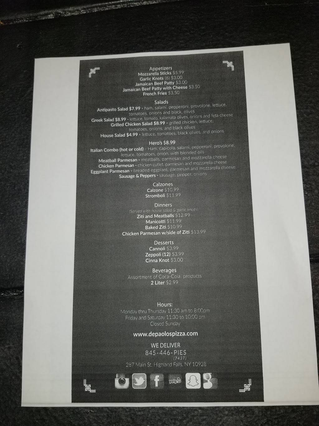 Depaolos pizza bistro | restaurant | 287 Main St, Highland Falls, NY 10928, USA | 8454467437 OR +1 845-446-7437