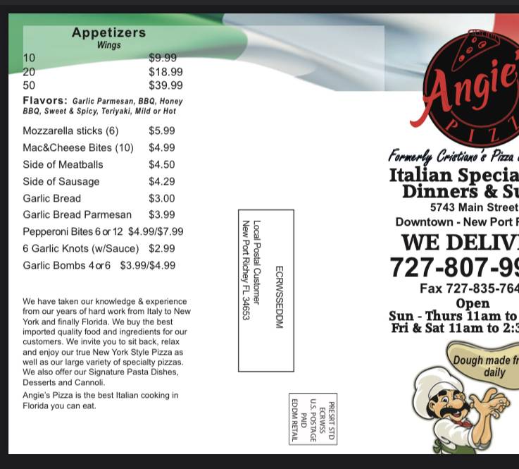 Angies Pizza | restaurant | 5743 Main St, New Port Richey, FL 34652, USA | 7278079934 OR +1 727-807-9934