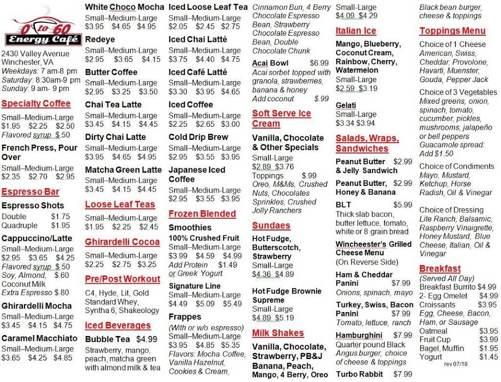 0-60 Energy Cafe | restaurant | 2430 Valley Ave, Winchester, VA 22601, USA | 5403134137 OR +1 540-313-4137
