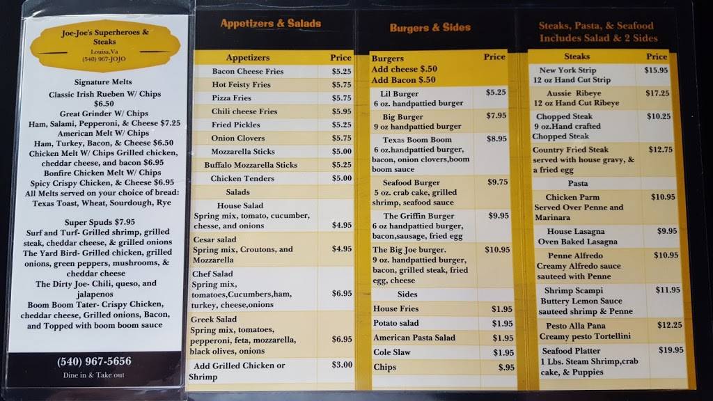 Joe-Joes Super Heroes & Steaks | restaurant | 121 W Main St, Louisa, VA 23093, USA | 5409675656 OR +1 540-967-5656