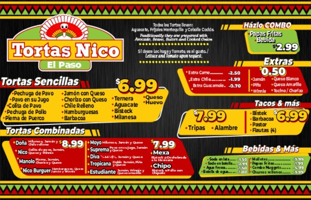 Tortas Nico | restaurant | 7849 N Loop Dr Suite B, El Paso, TX 79915, USA | 9155882394 OR +1 915-588-2394