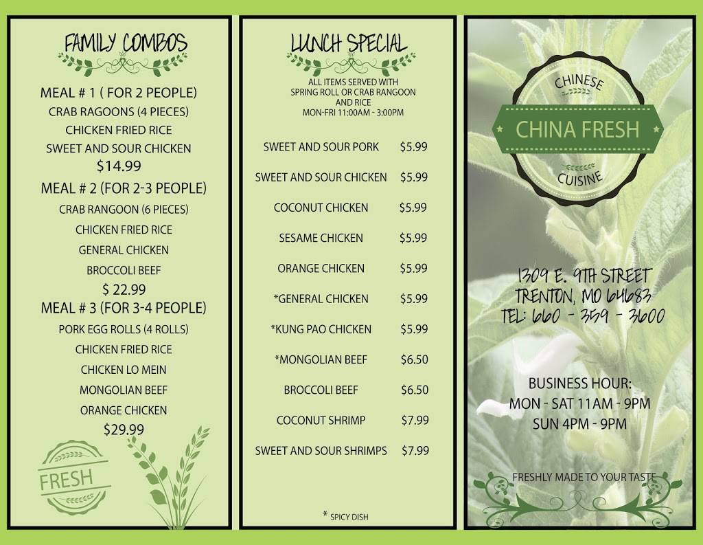 China Fresh | restaurant | 1309 E 9th St, Trenton, MO 64683, USA | 6603593600 OR +1 660-359-3600