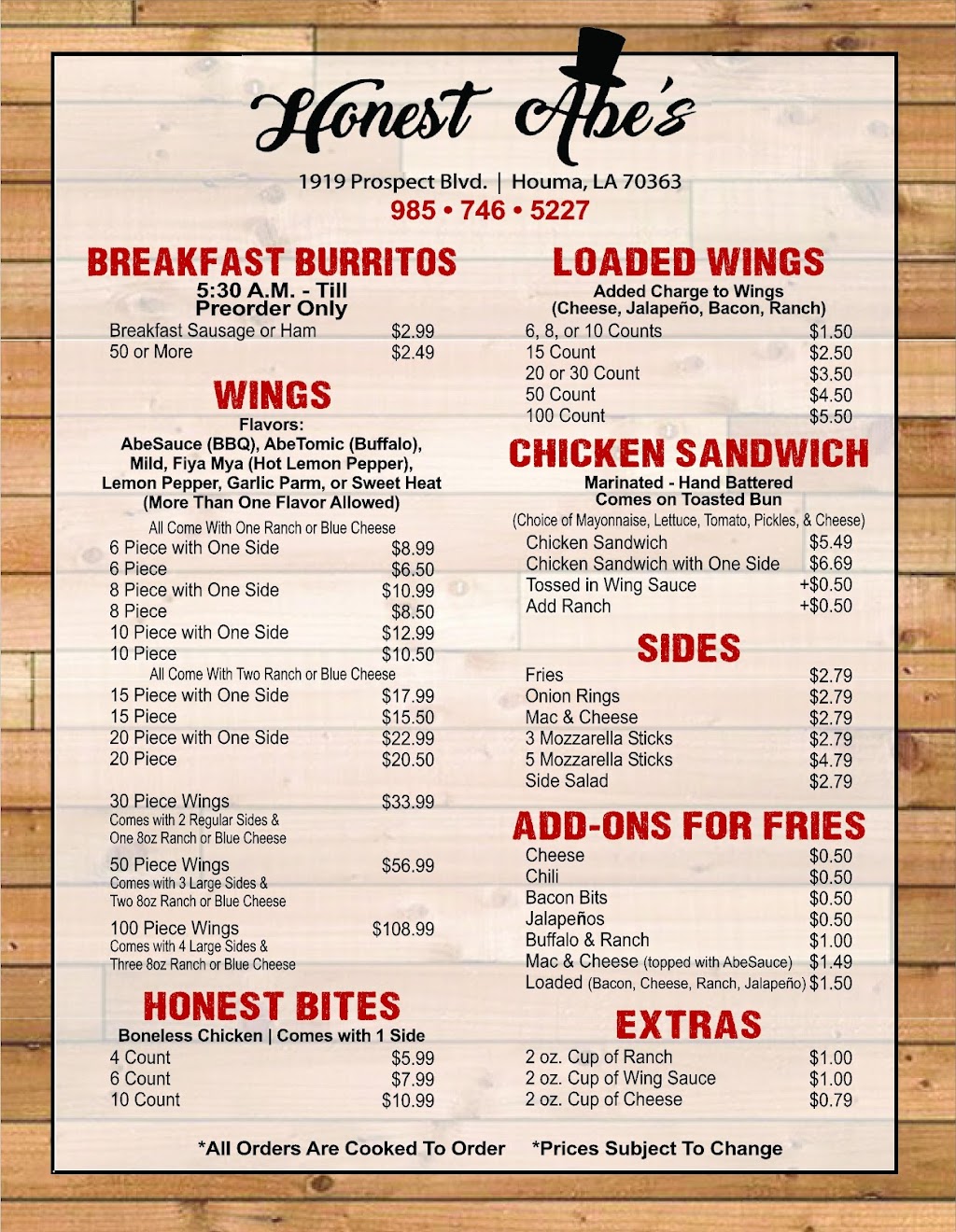 Honest Abes | restaurant | 1919 Prospect Blvd, Houma, LA 70363, USA | 9857465227 OR +1 985-746-5227