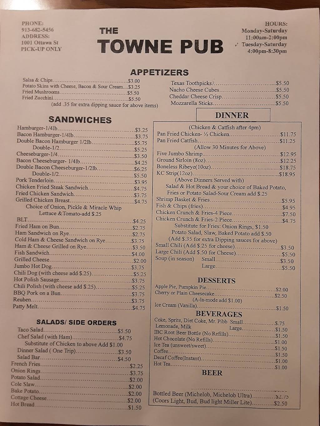 Towne Pub | restaurant | 1001 Ottawa St, Leavenworth, KS 66048, USA | 9136825456 OR +1 913-682-5456