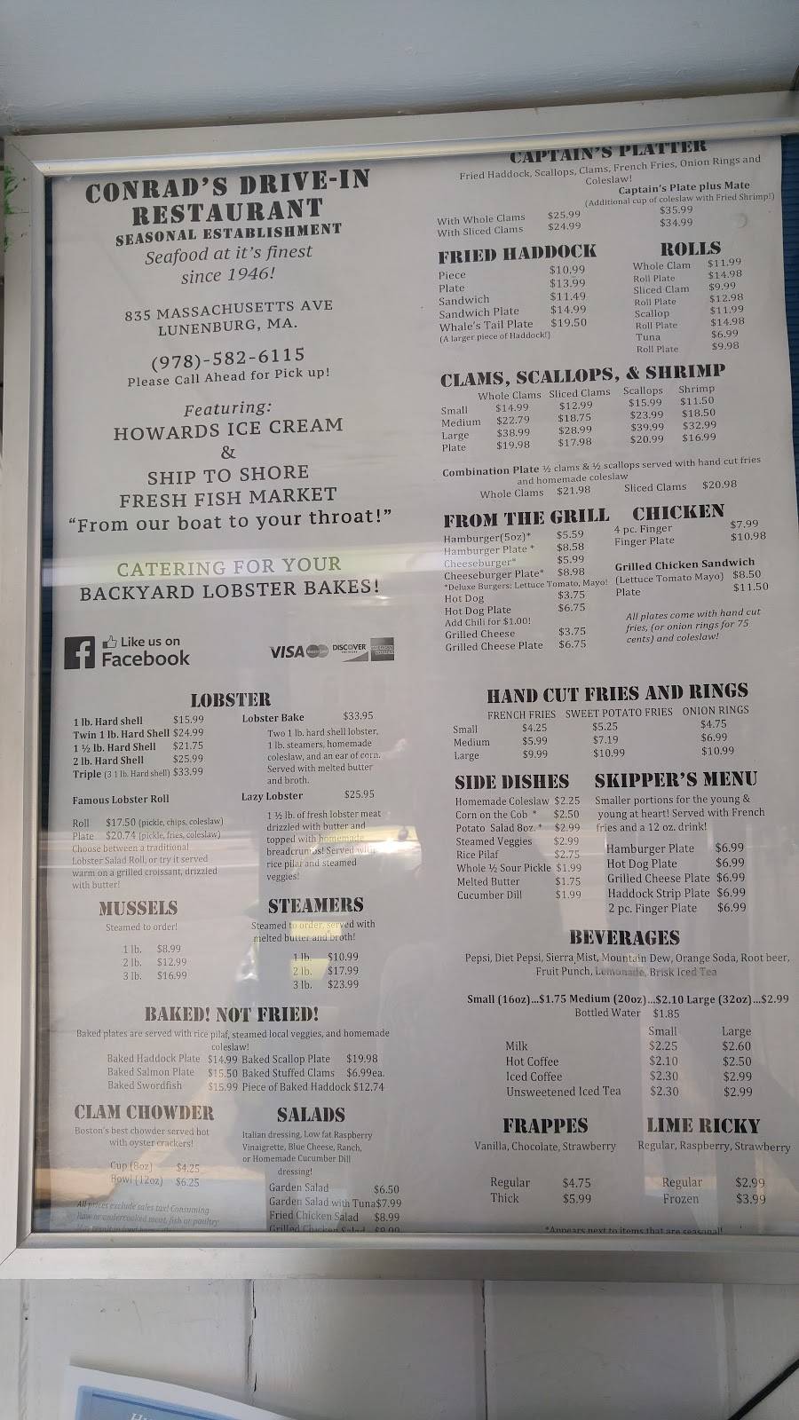 CONRADS DRIVE-IN SEAFOOD | restaurant | 835 Massachusetts Ave, Lunenburg, MA 01462, USA | 9785826115 OR +1 978-582-6115