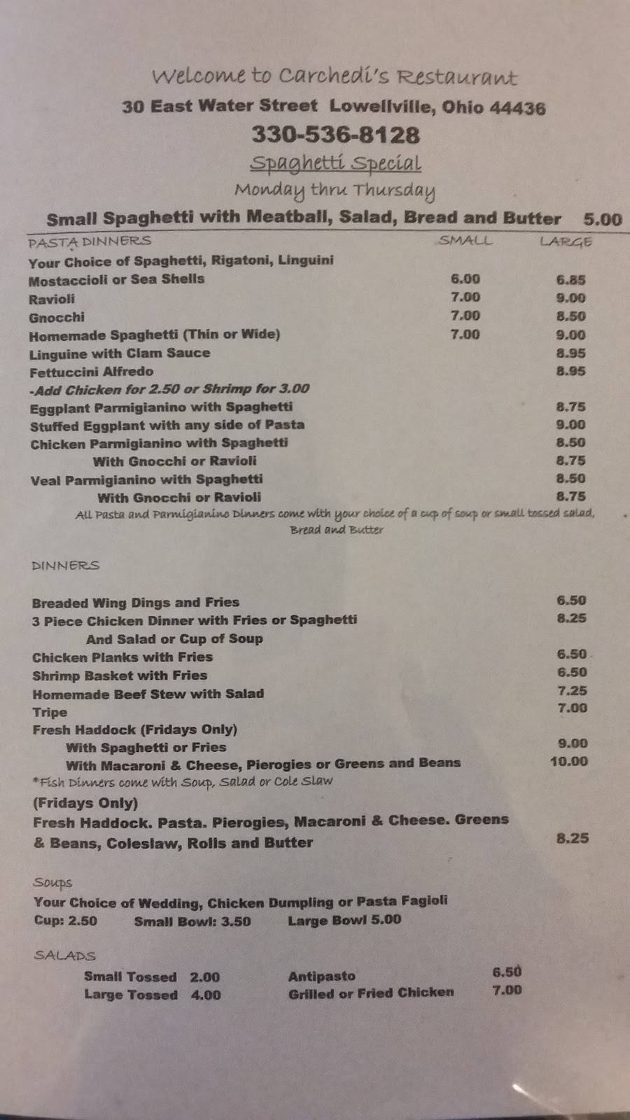 Carchedis Cafe | restaurant | 30 E Water St, Lowellville, OH 44436, USA | 3305366077 OR +1 330-536-6077