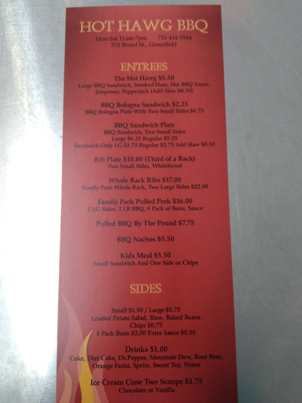 Hot Hawg BBQ | restaurant | 773 Shades Bridge Rd, Greenfield, TN 38230, USA | 7315142392 OR +1 731-514-2392