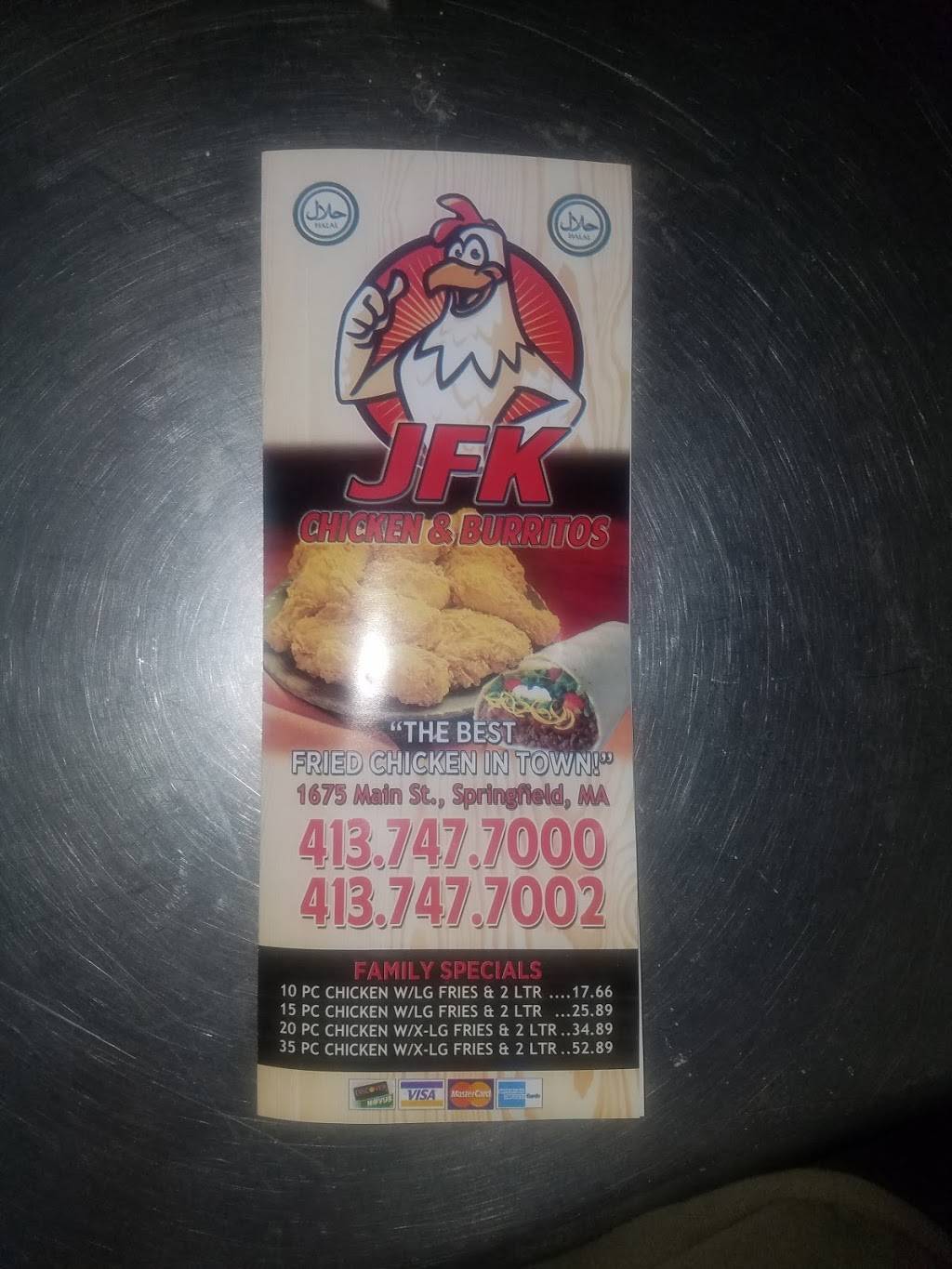 JFK Chicken & Burritos | restaurant | 1675 Main St, Springfield, MA 01103, USA | 4137477000 OR +1 413-747-7000