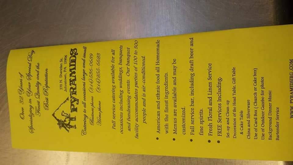 Pyramids Lounge and Catering | restaurant | 370 Sheridan St, Johnstown, PA 15906, USA | 8145360689 OR +1 814-536-0689