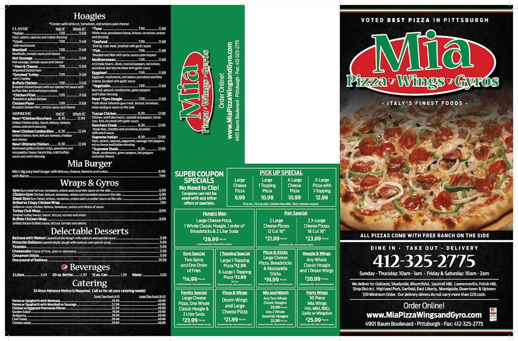 Mia Pizza Wings & Gyro | restaurant | 4901 Baum Blvd, Pittsburgh, PA 15213, USA | 4123252775 OR +1 412-325-2775
