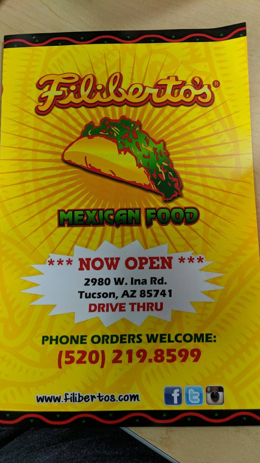Filibertos Mexican Food | restaurant | 2980 W Ina Rd, Tucson, AZ 85741, USA | 5202197116 OR +1 520-219-7116