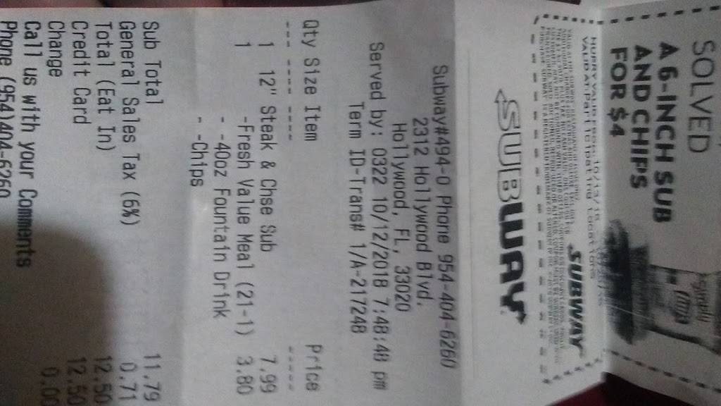 Subway Restaurants | restaurant | 2312 Hollywood Blvd, Hollywood, FL 33020, USA | 9544046260 OR +1 954-404-6260