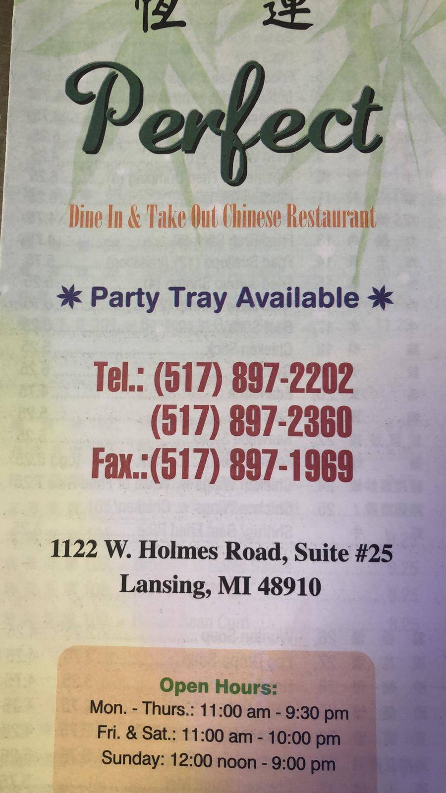 PERFECT Chinese Restaurant | restaurant | 1122 W Holmes Rd, Lansing, MI 48910, USA | 5178972202 OR +1 517-897-2202