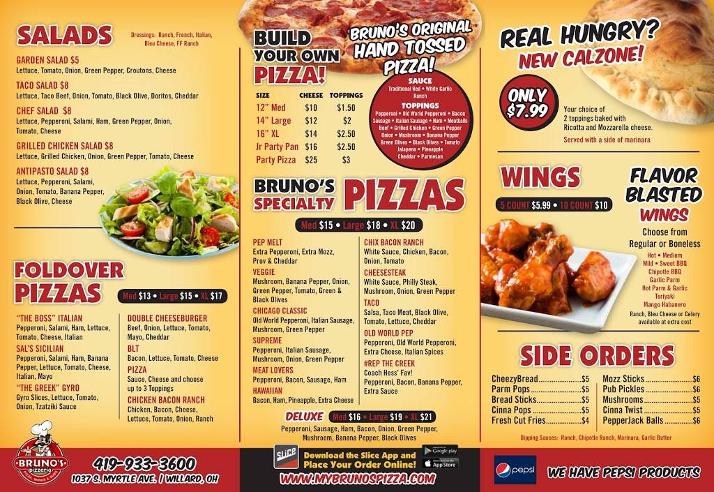 Brunos Pizzeria | restaurant | 1037 S Myrtle Ave, Willard, OH 44890, USA | 4199333600 OR +1 419-933-3600