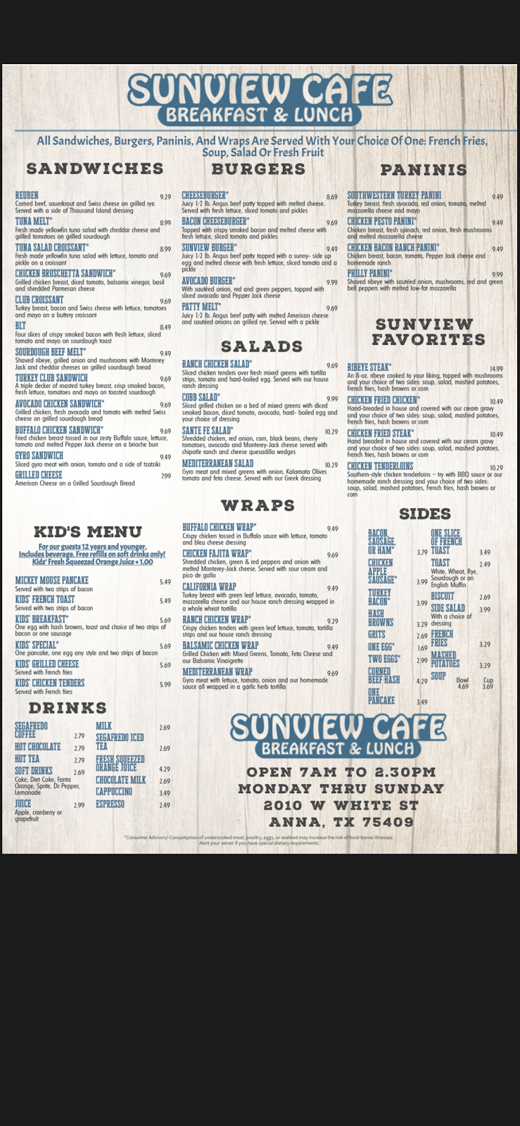 Sunview Cafe | restaurant | 2010 W White St #180, Anna, TX 75409, USA | 2148310202 OR +1 214-831-0202