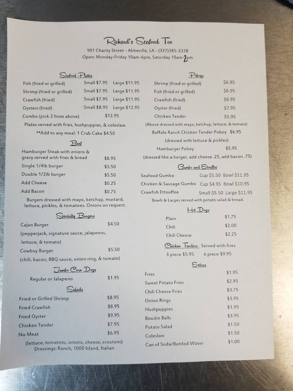 Richards Seafood Too | restaurant | 901 Charity St, Abbeville, LA 70510, USA | 3373852328 OR +1 337-385-2328