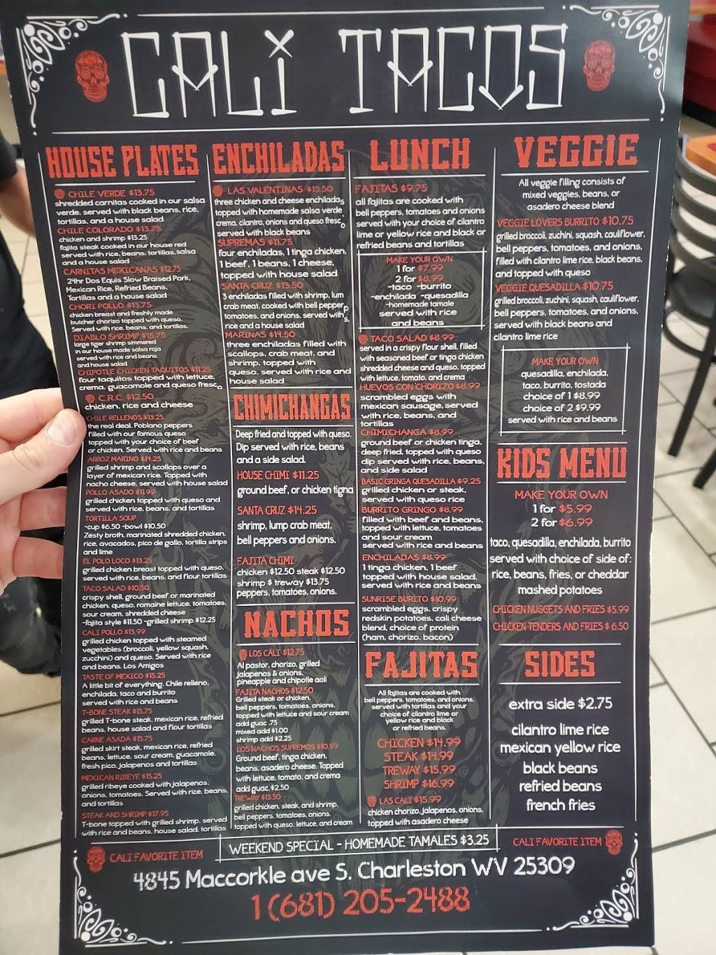 Cali Tacos | restaurant | 4847 Maccorkle Ave SW, South Charleston, WV 25309, USA | 6812052488 OR +1 681-205-2488