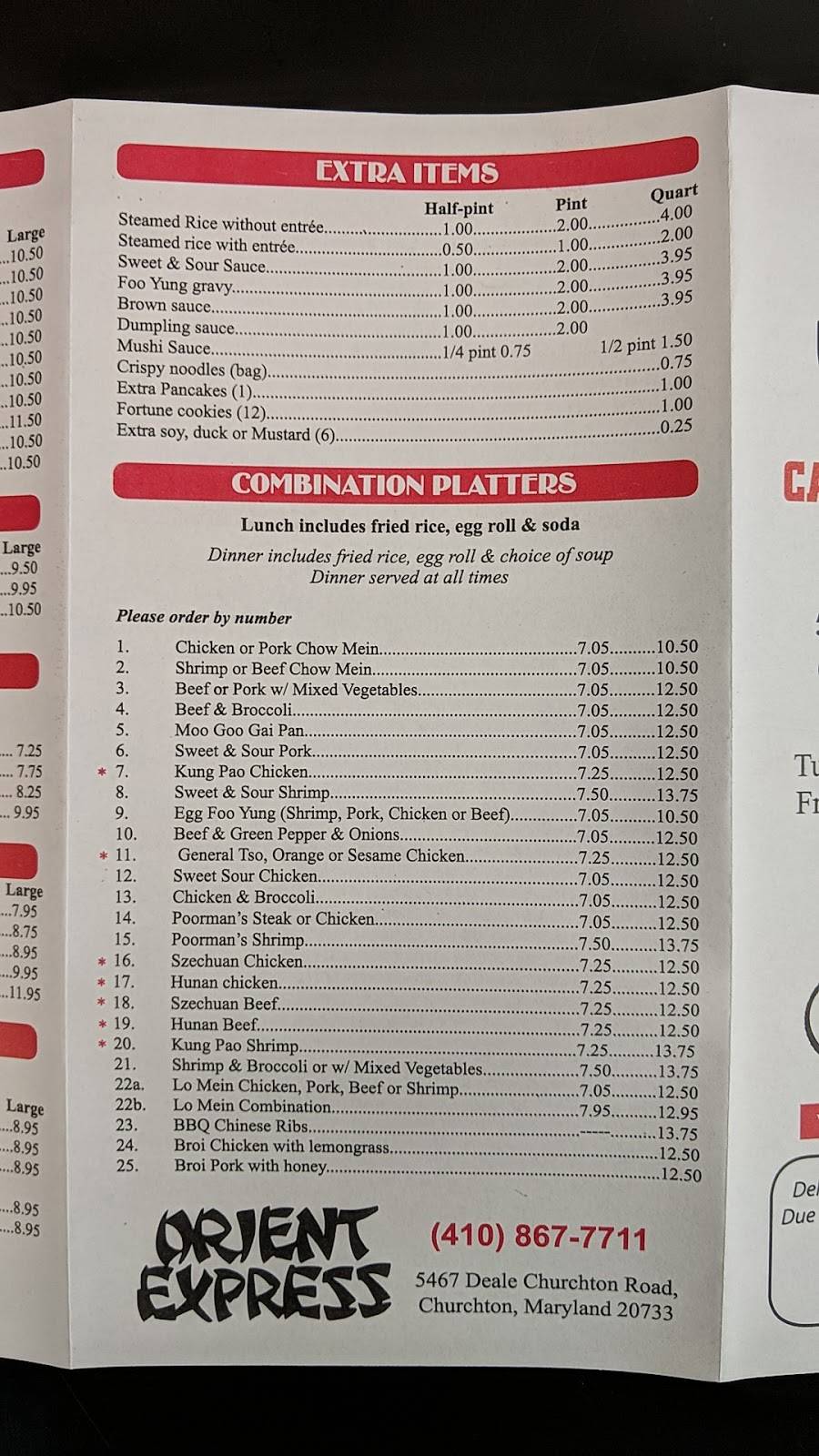 Orient Express Carry-Out | meal takeaway | 5467 Deale Churchton Rd, Churchton, MD 20733, USA | 4108677711 OR +1 410-867-7711