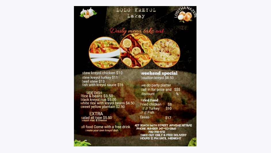 Lolo kreyol lakay take out | restaurant | 427 Beach 66th St, Queens, NY 11692, USA | 7863981732 OR +1 786-398-1732