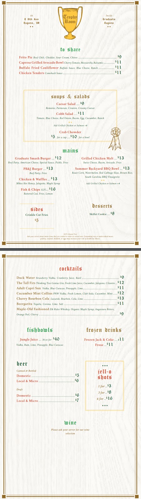 Trophy Room | restaurant | 66 E 6th Ave, Eugene, OR 97401, USA | 5413422000 OR +1 541-342-2000