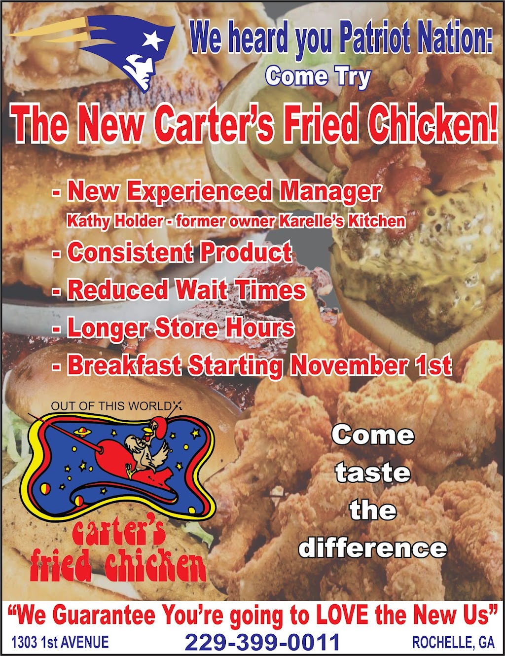 Carters Fried Chicken of Rochelle | restaurant | 1303 1st Ave, Rochelle, GA 31079, USA | 2293990011 OR +1 229-399-0011