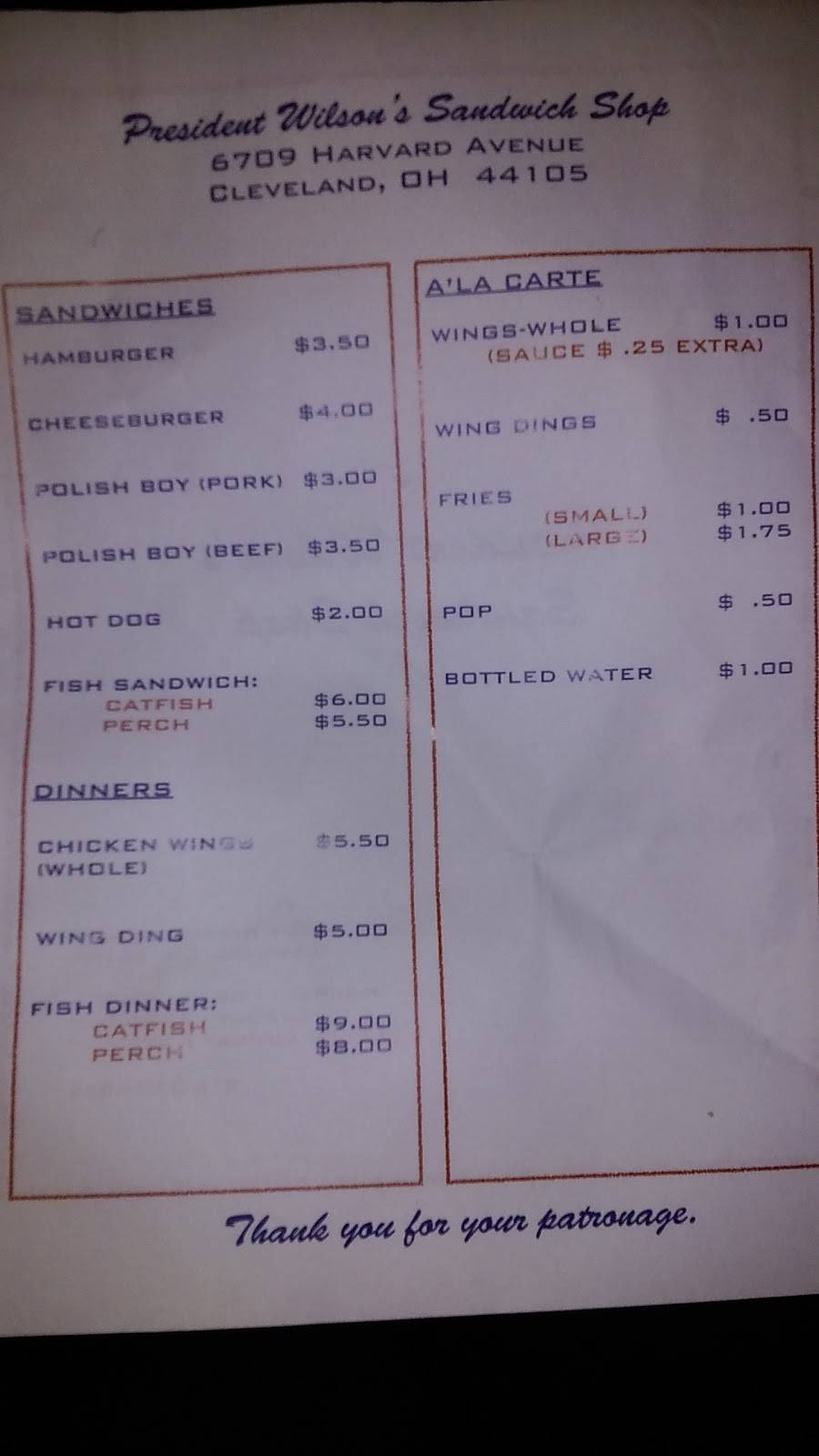 President Wilsons Sandwich Shop | restaurant | 6709 Harvard Ave, Cleveland, OH 44105, USA | 2163506552 OR +1 216-350-6552