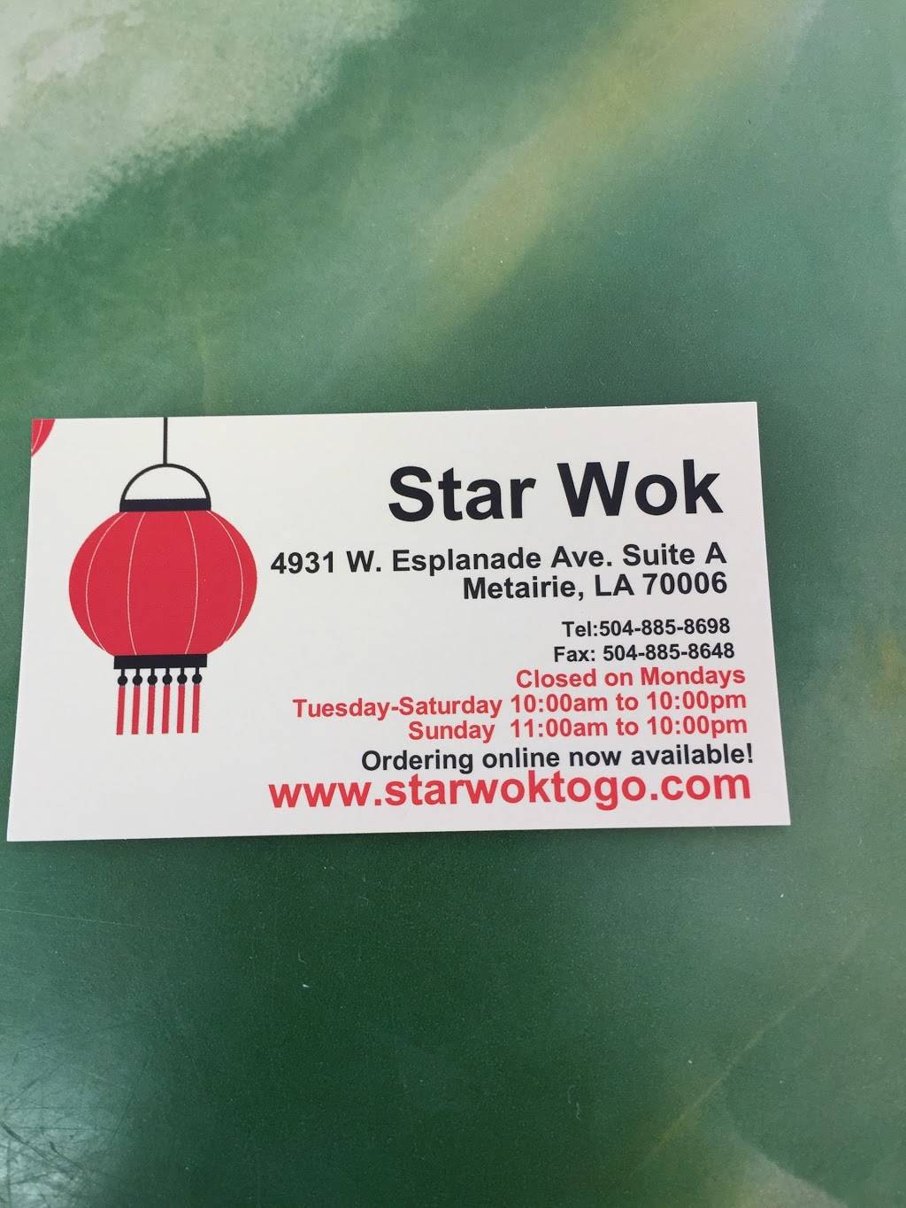 STAR WOK | restaurant | 4931 W Esplanade Ave A, Metairie, LA 70006, USA | 5048858698 OR +1 504-885-8698