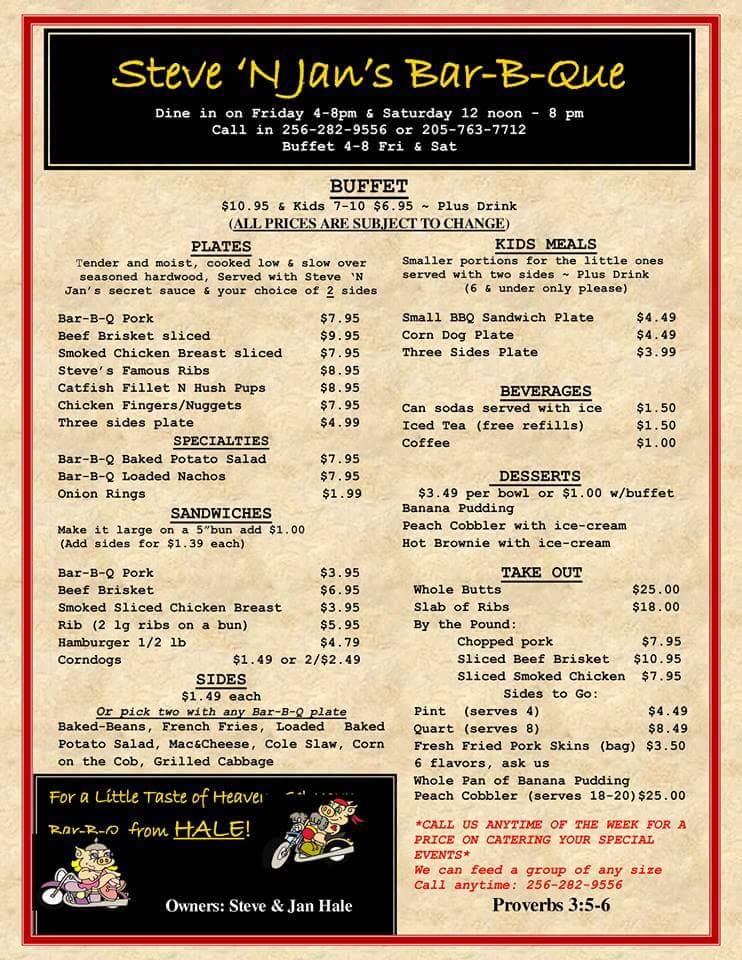Steve N Jans BBQ | restaurant | 13849 Jackson Trace Rd, Lincoln, AL 35096, USA | 2057637712 OR +1 205-763-7712