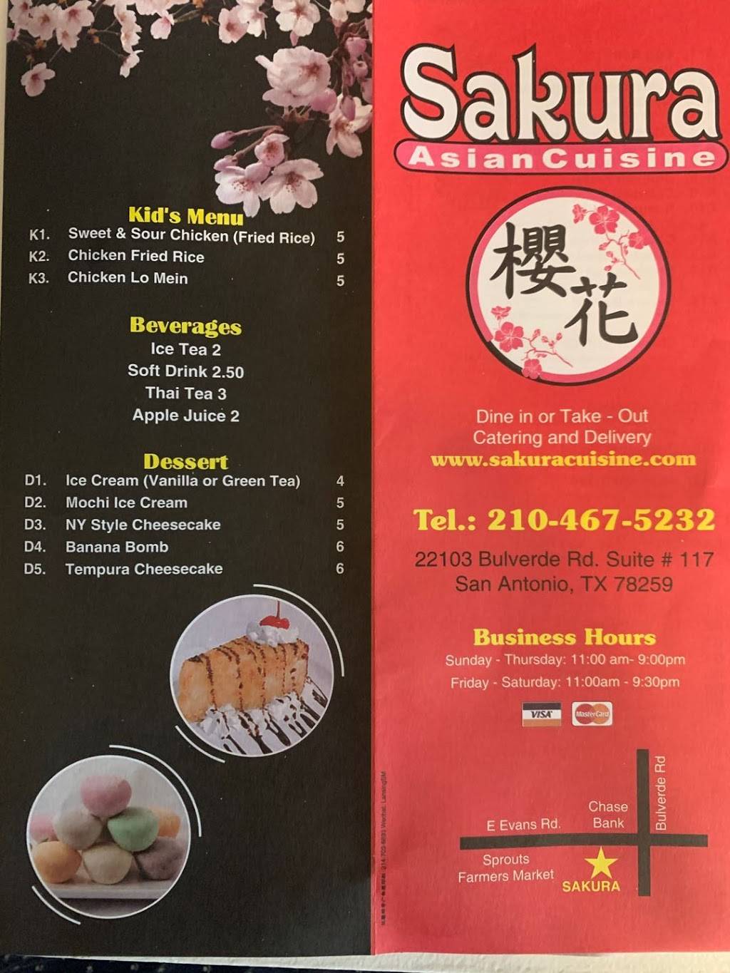 Sakura Asian Cuisine | restaurant | 22103 Bulverde Rd #117, San Antonio, TX 78259, USA | 2104675232 OR +1 210-467-5232