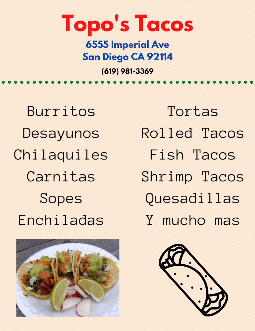 Topos Tacos | restaurant | 6555 Imperial Ave, San Diego, CA 92114, USA | 6199813369 OR +1 619-981-3369