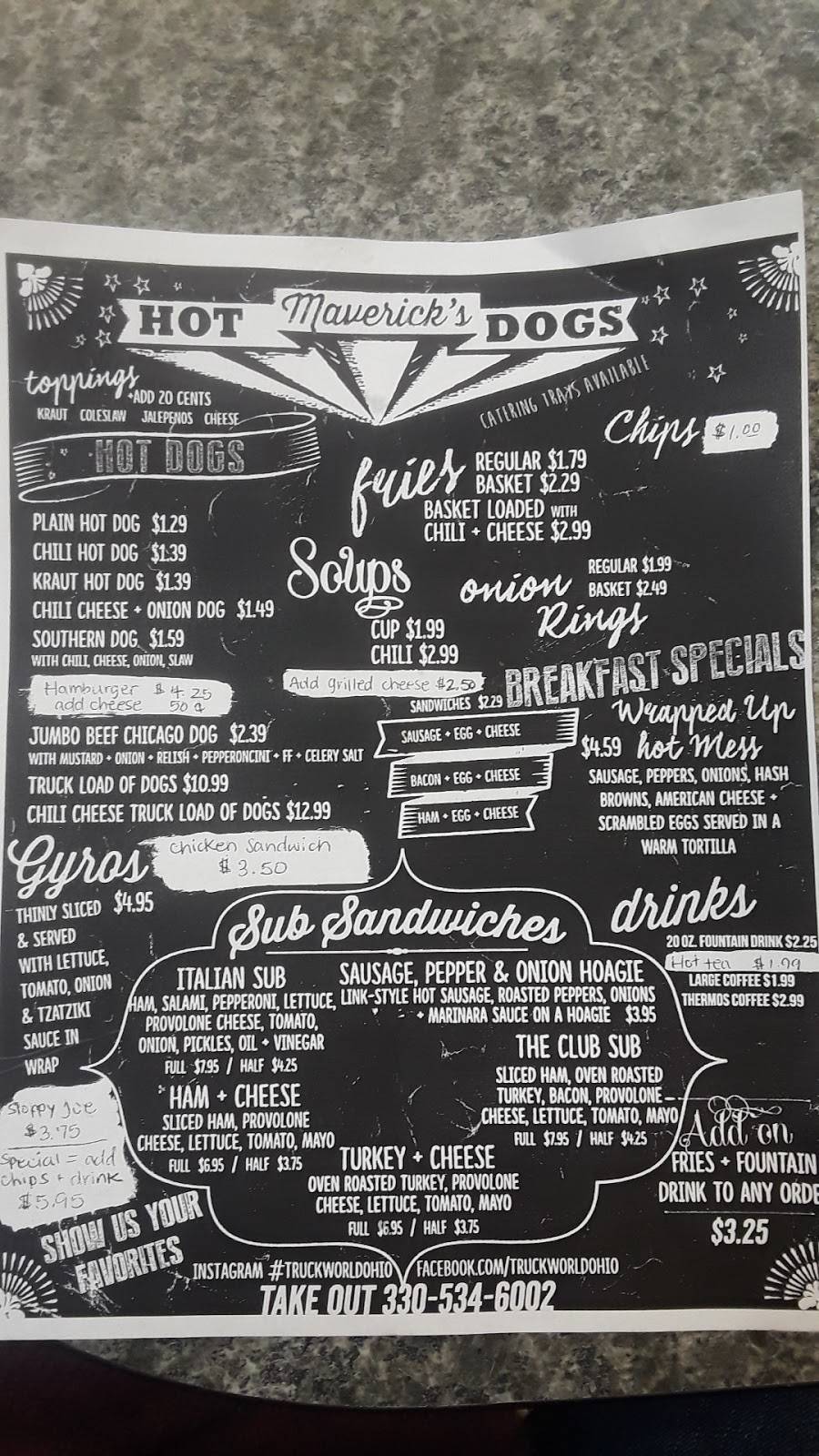 Mavericks Hot Dog Shop | restaurant | 6985 Truck World Blvd, Hubbard, OH 44425, USA | 3305346002 OR +1 330-534-6002