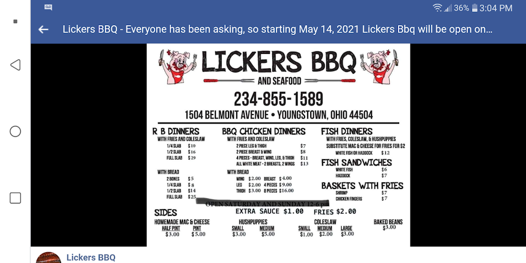 Lickers Bbq | restaurant | 1504 Belmont Ave, Youngstown, OH 44504, USA | 2348551589 OR +1 234-855-1589