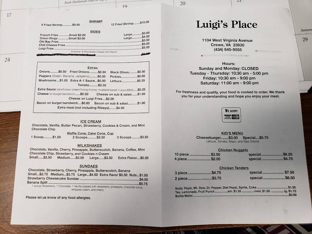 Luigis Place | restaurant | 1104 W Virginia Ave, Crewe, VA 23930, USA | 4346459555 OR +1 434-645-9555