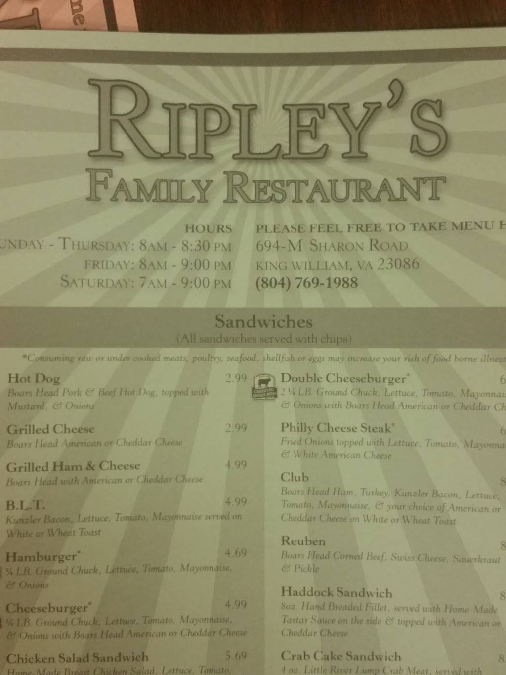 Ripley’s Family Restaurant | restaurant | 694-M Sharon Rd, King William, VA 23086, USA | 8047691988 OR +1 804-769-1988