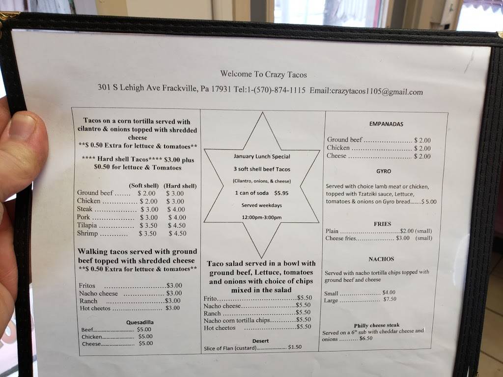 Crazy Tacos | restaurant | 301 S Lehigh Ave, Frackville, PA 17931, USA | 5708741115 OR +1 570-874-1115