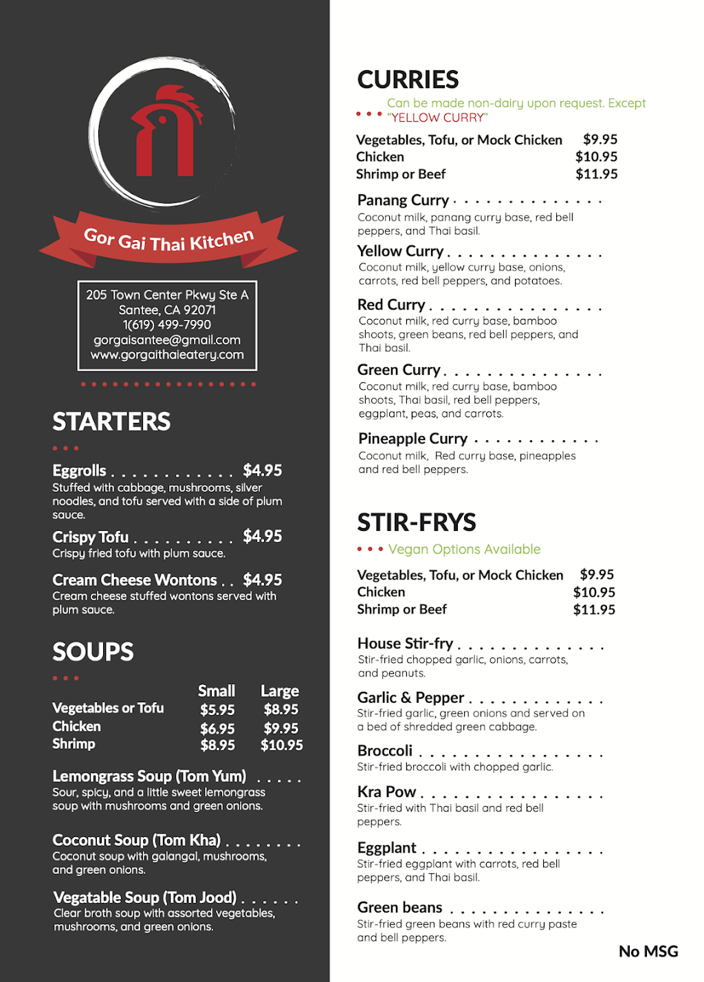 Gor Gai Thai Kitchen | restaurant | 205 Town Center Pkwy, Santee, CA 92071, USA | 6194997990 OR +1 619-499-7990