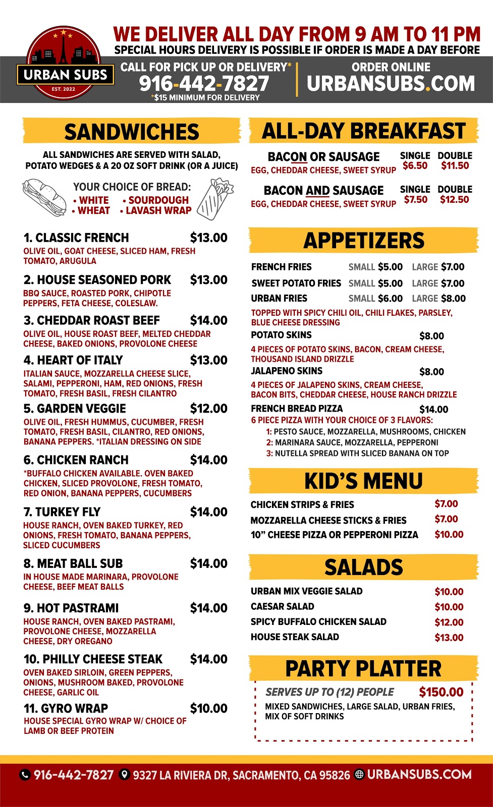 Urbansubs.com | restaurant | 9325 La Riviera Dr, Sacramento, CA 95827, USA | 9164427827 OR +1 916-442-7827