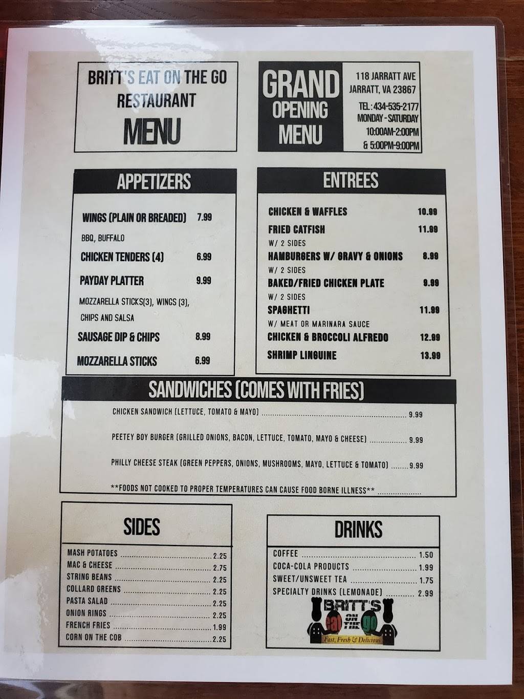 BRITTS EAT ON THE GO RESTAURANT | restaurant | 118 Jarratt Ave, Jarratt, VA 23867, USA | 4345352177 OR +1 434-535-2177