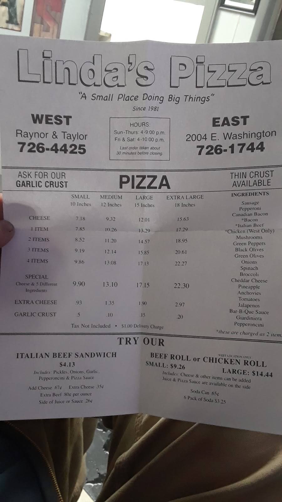 Lindas Pizza | restaurant | 2004 E Washington St, Joliet, IL 60433, USA | 8157261744 OR +1 815-726-1744