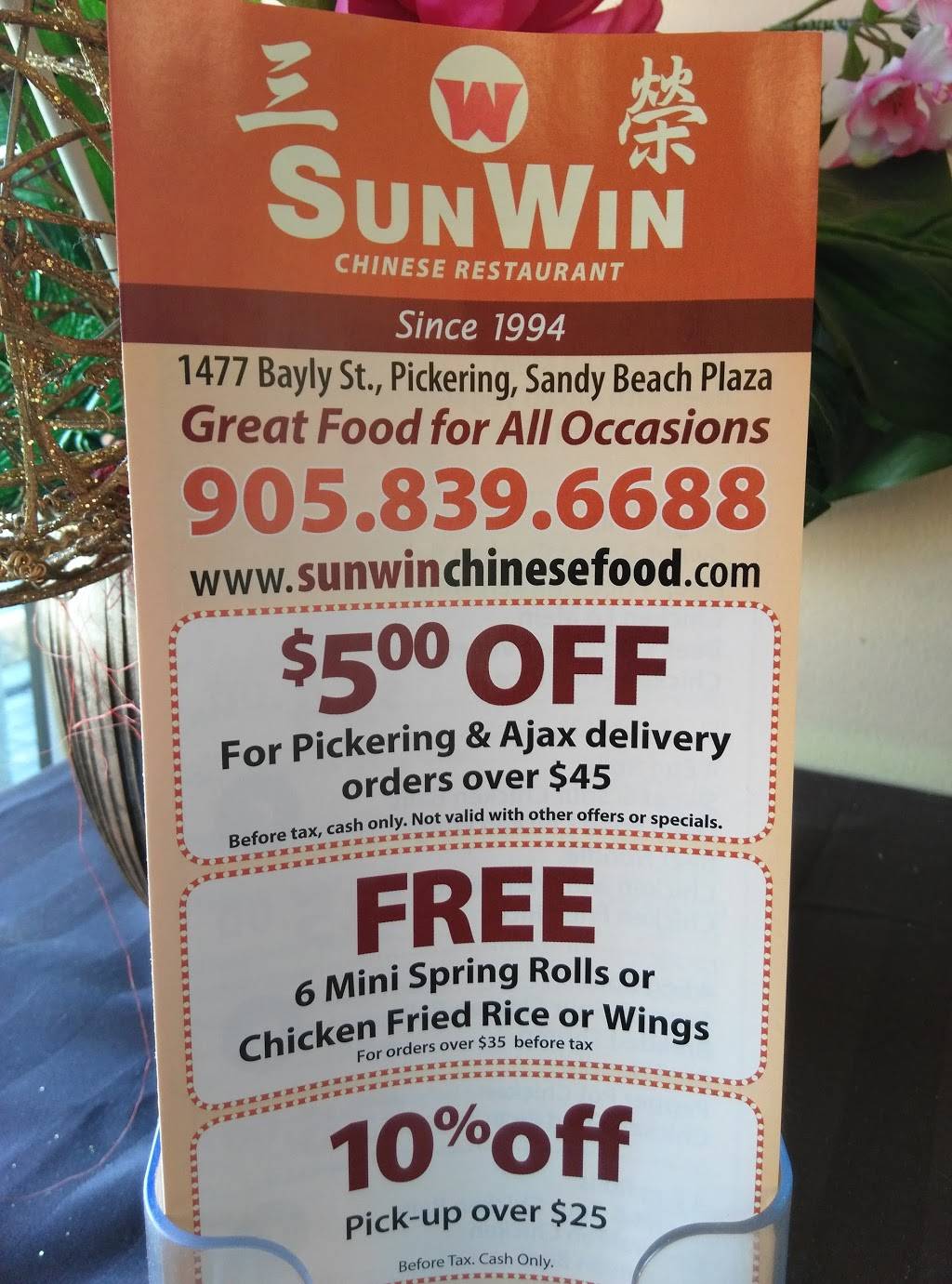 Sun Win Chinese Restaurant | restaurant | 1477 Bayly St, Pickering, ON L1W 1H6, Canada | 9058396688 OR +1 905-839-6688