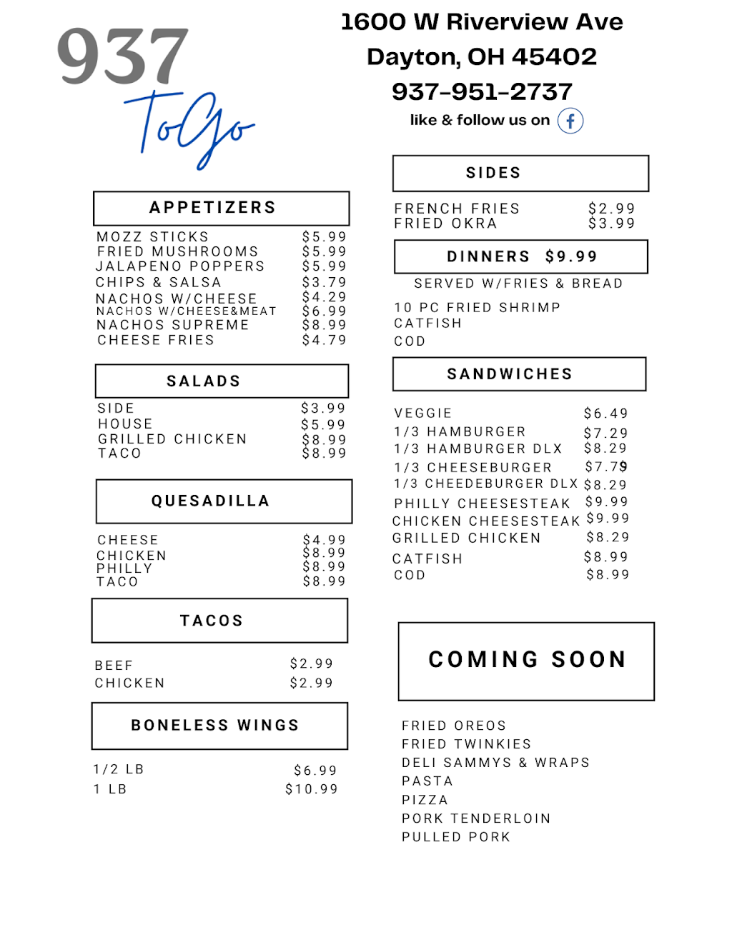 937 ToGo | restaurant | 1600 W Riverview Ave, Dayton, OH 45402, USA | 9379512737 OR +1 937-951-2737