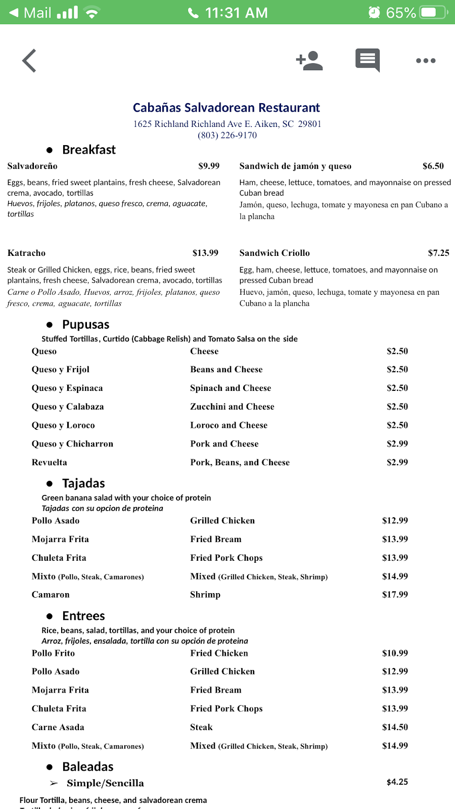 Cabanas Salvadorean Restaurant | restaurant | 1625 Richland Ave E, Aiken, SC 29801, USA | 8032269170 OR +1 803-226-9170