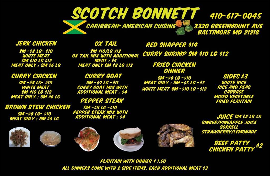 Scotch Bonnett Caribbean American Cuisine | restaurant | 3320 Greenmount Ave, Baltimore, MD 21218, USA | 4106170045 OR +1 410-617-0045