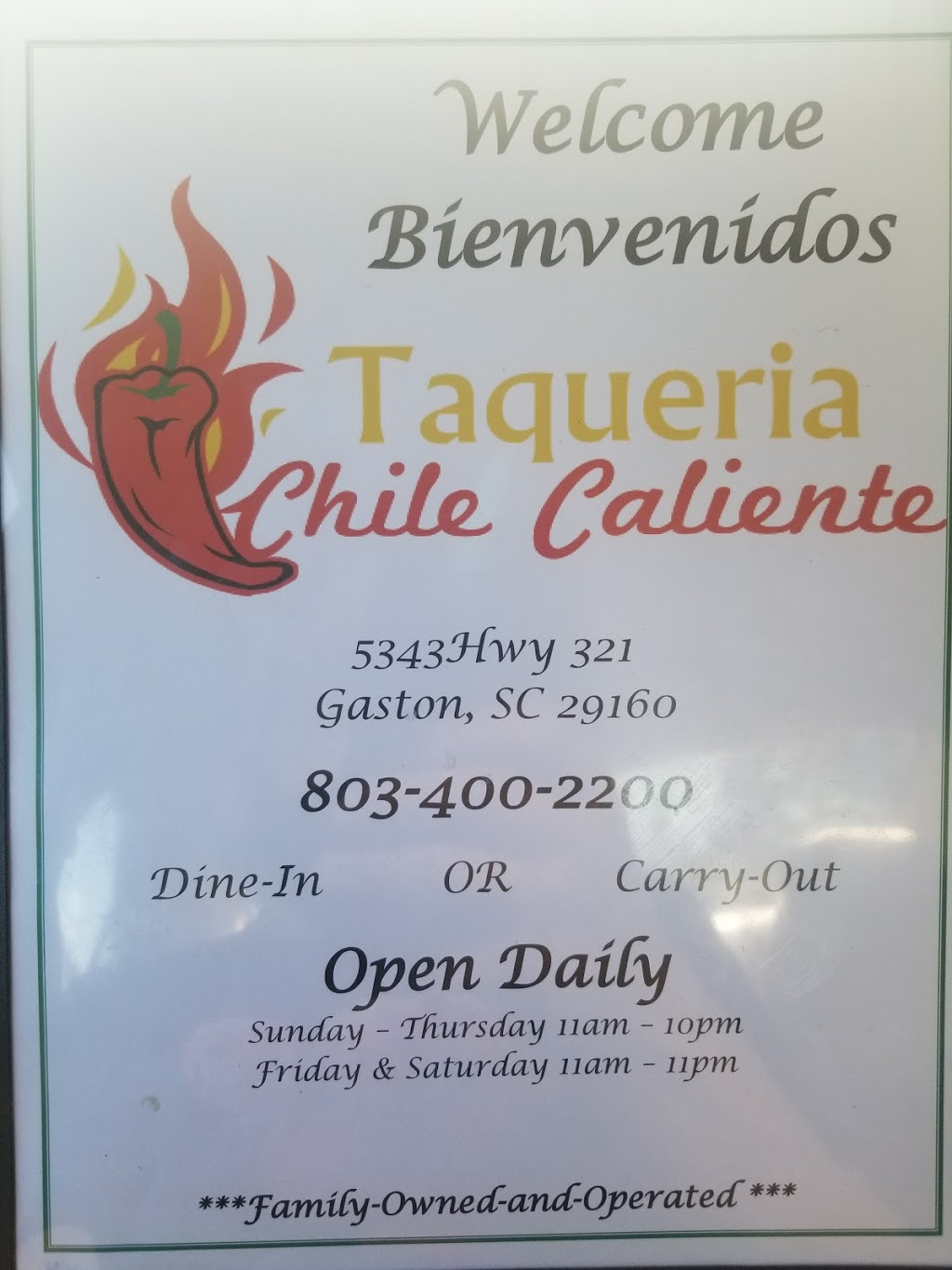 Taqueria Chile Caliente | restaurant | 5345 US-321, Gaston, SC 29053, USA | 8034002200 OR +1 803-400-2200