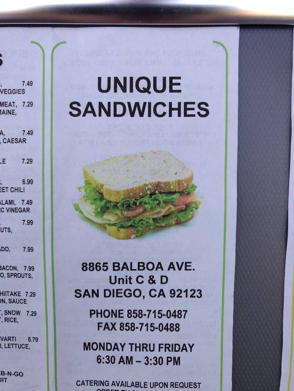 Unique Sandwiches | meal takeaway | 8865 Balboa Ave # C, San Diego, CA 92123, USA | 8587150487 OR +1 858-715-0487