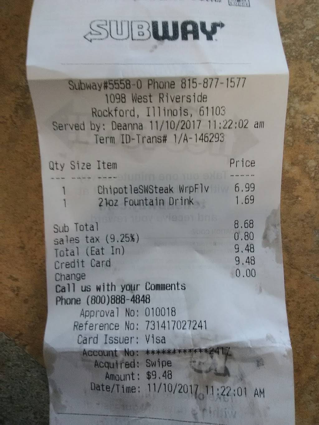 Subway | restaurant | 1098 W Riverside Blvd, Rockford, IL 61103, USA | 8158771577 OR +1 815-877-1577