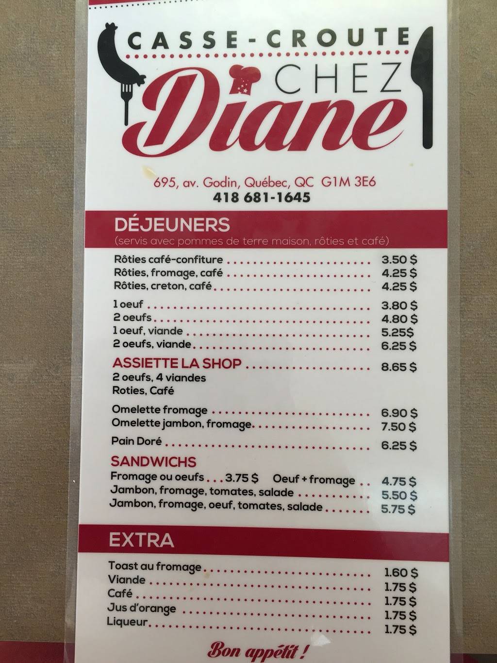 Casse-croûte Chez Diane | meal takeaway | 695 Avenue Godin, Québec, QC G1M 3E6, Canada | 4186811645 OR +1 418-681-1645