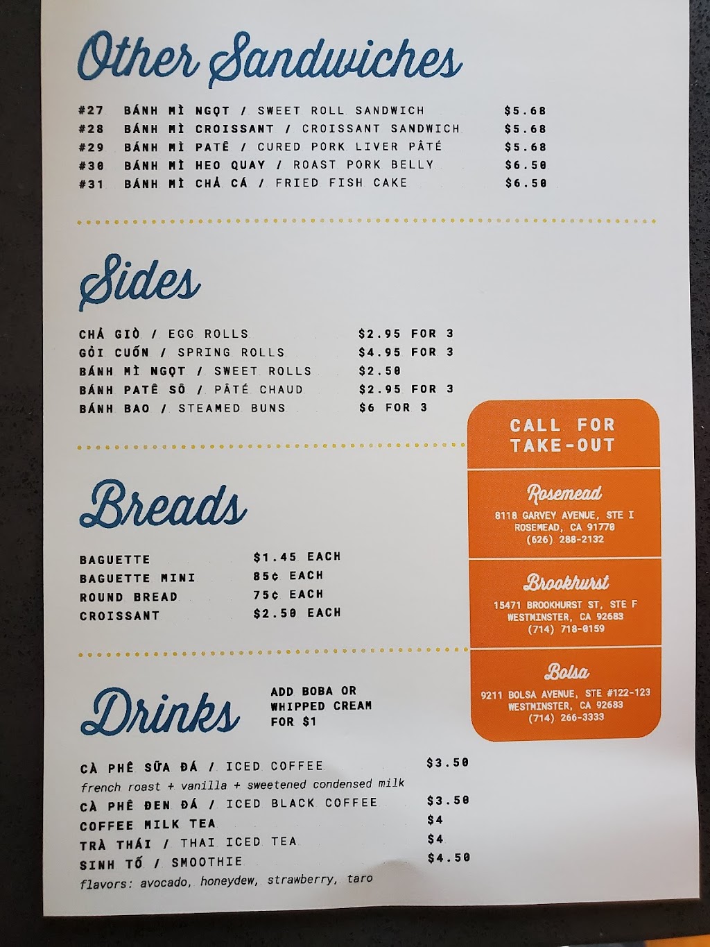 Bánh Mì Saigon 168 - Bolsa | restaurant | 9211 Bolsa Ave Ste #122-#123, Westminster, CA 92683, USA | 7142663333 OR +1 714-266-3333