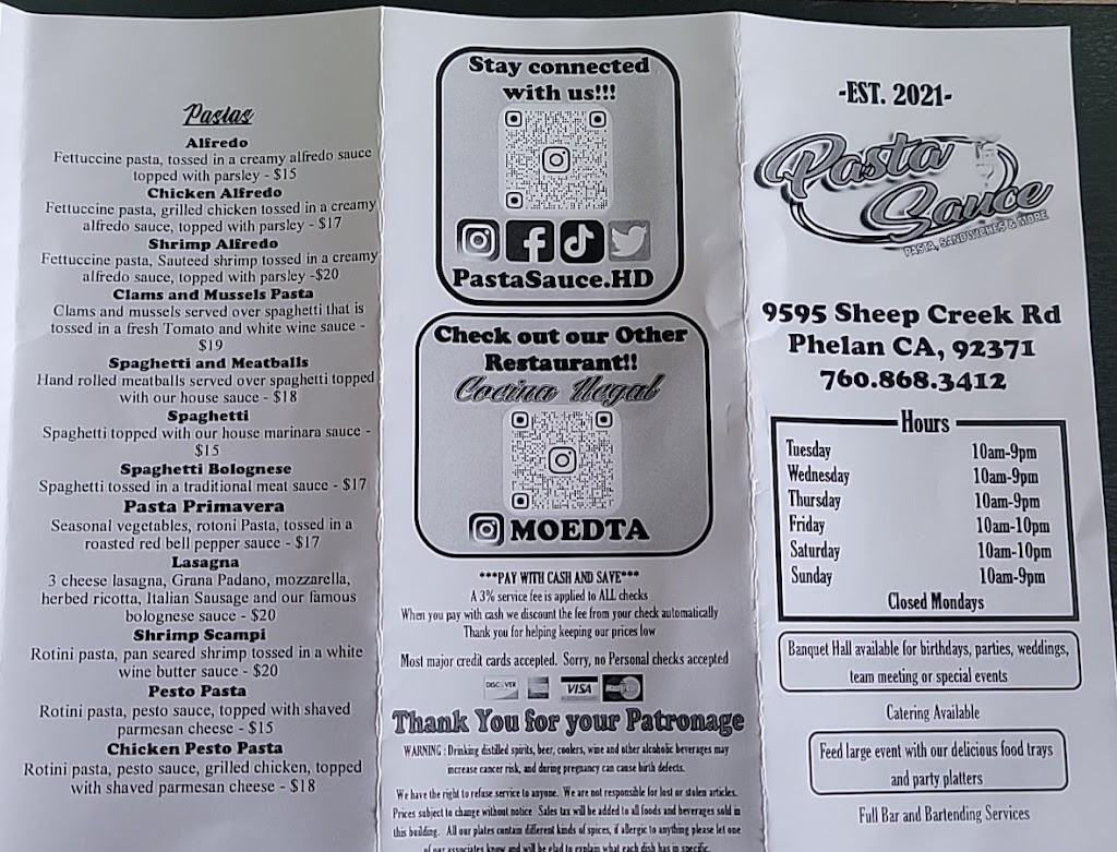 Pasta Sauce | restaurant | 9595 Sheep Creek Rd, Phelan, CA 92371, USA | 7608683412 OR +1 760-868-3412