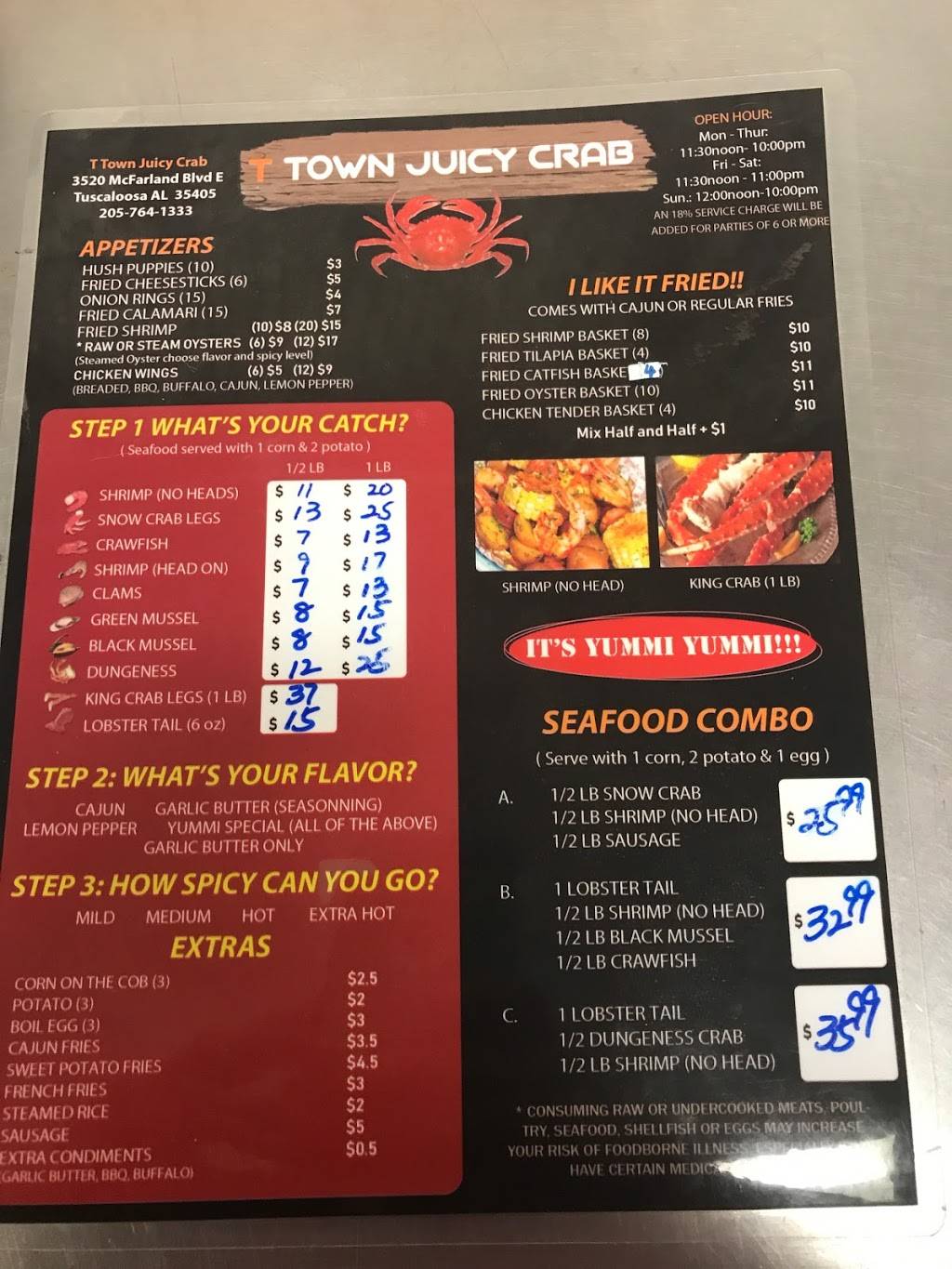 T Town Crab | restaurant | 3520 McFarland Blvd E, Tuscaloosa, AL 35405, USA | 2057641333 OR +1 205-764-1333